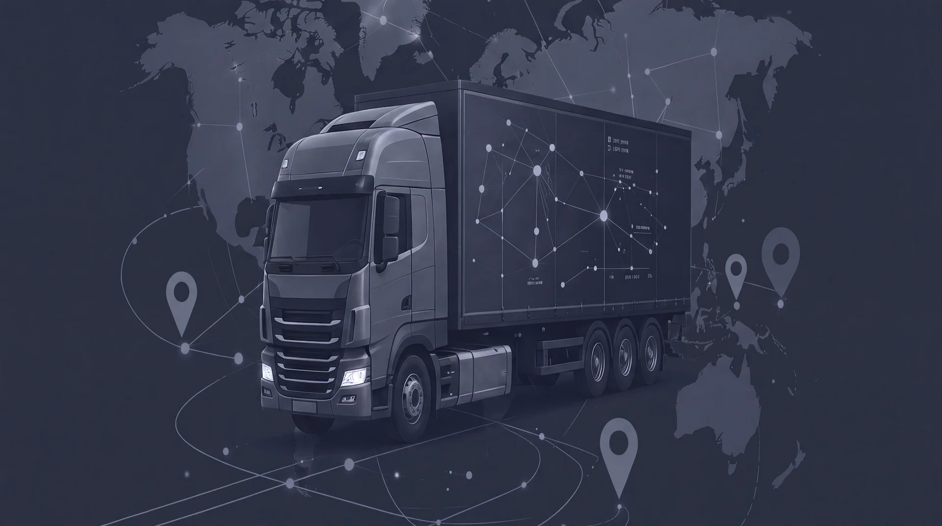 Logistics diagram: a freight truck and globe with transit arcs