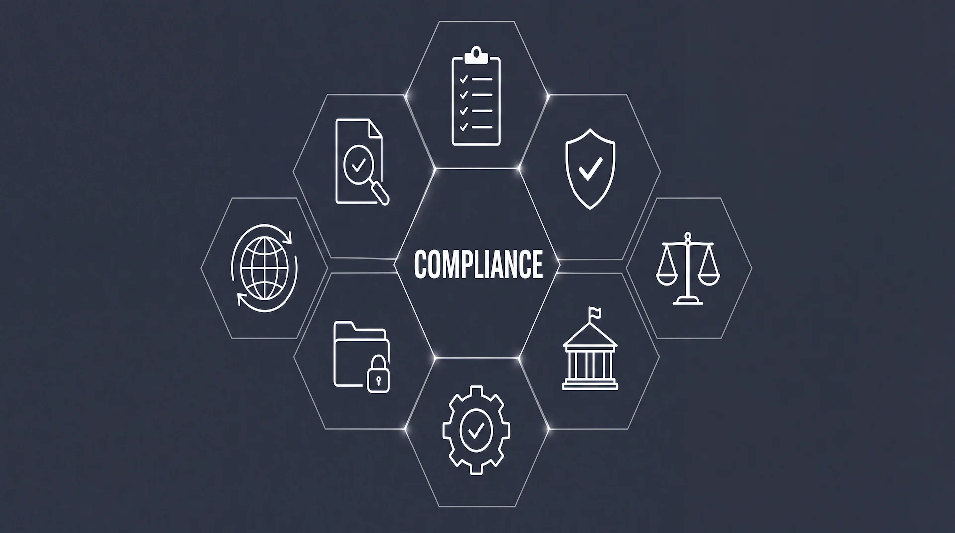 Regulatory diagram: documents, a magnifying glass and compliance marks